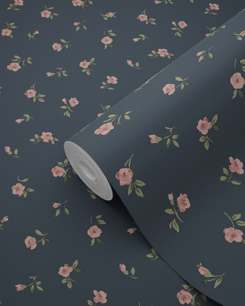 ESTAhome behang vintage bloemetjes donkerblauw en roze - 50 x 900 cm - 139836 - vtwonen shop