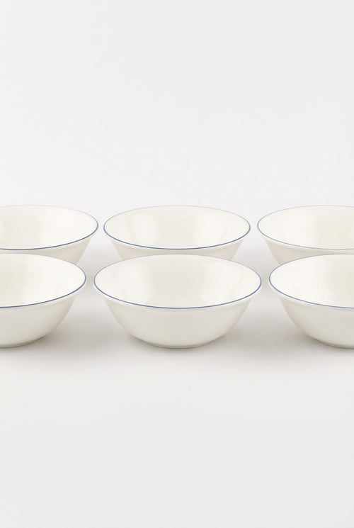 vtwonen - Ontbijtkom - Wit/Blauw Lijn - Porselein - Set van 6