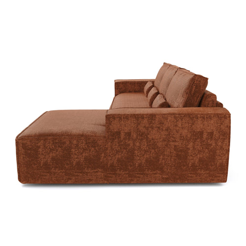 Premium Interiors - Rechthoekige hoekbank met snelle slaapfunctie JUNE - gewaafd fluweel terracotta 320cm