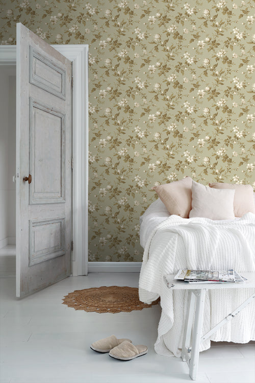 Borastapeter behang vintage bloemen vergrijsd olijfgroen - 53 cm x 10.05 m - 660056 - vtwonen shop