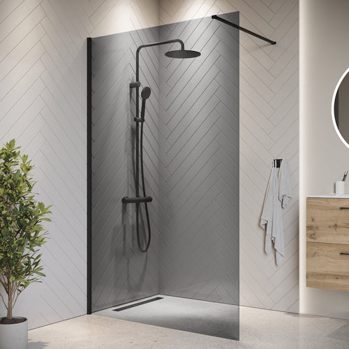 Badplaats Douchewand Rizani 140 x 200 cm – Zwart – Rookglas Inloopdouche 8 mm Veiligheidsglas