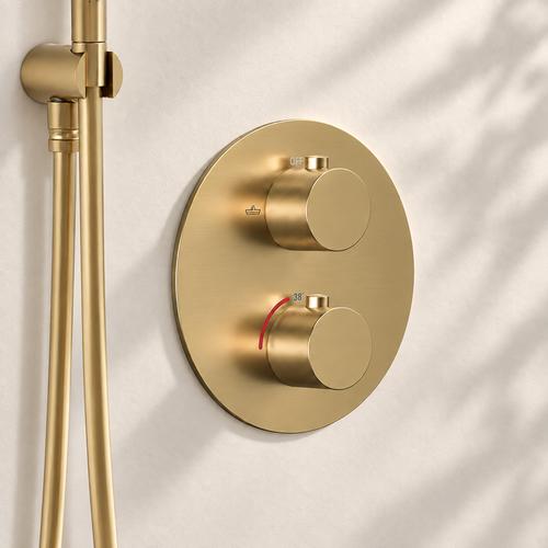 LOMAZOO inbouwdoucheset Aurora - met thermostaatkraan & ronde handdouche - goud - 30 cm