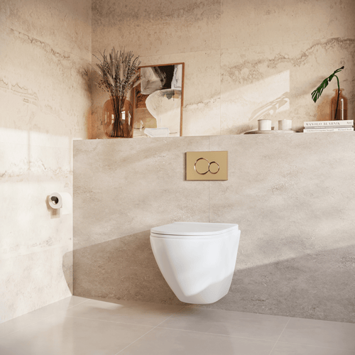 LOMAZOO hangtoiletset Linea - met inbouwreservoir & ronde drukplaat - rond - goud / wit