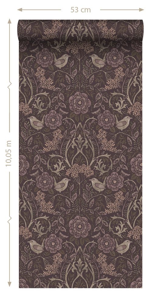 ESTAhome behang bloemen en vogels mauve paars - 53 cm x 10.05 m - 131208
