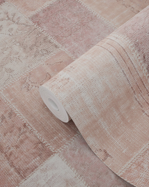 ESTAhome behang Marrakech kelim patchwork tapijt perzik oranje roze - 53 cm x 10.05 m - 148651