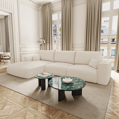 Premium Interiors - Linkerhoekbank met snelle uitklapfunctie COMO - bouclé-stof crème 300cm