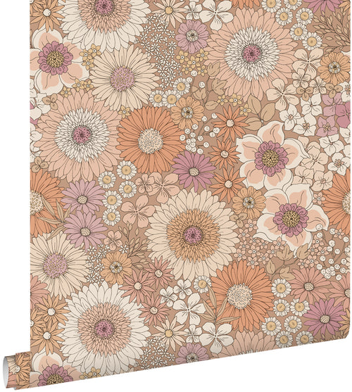 ESTAhome behang retro bloemen terracotta, paars en wit - 50 x 900 cm - 131314 - vtwonen shop