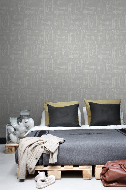 ESTAhome behang constructietekeningen van vliegtuigen taupe - 53 cm x 10.05 m - 128811