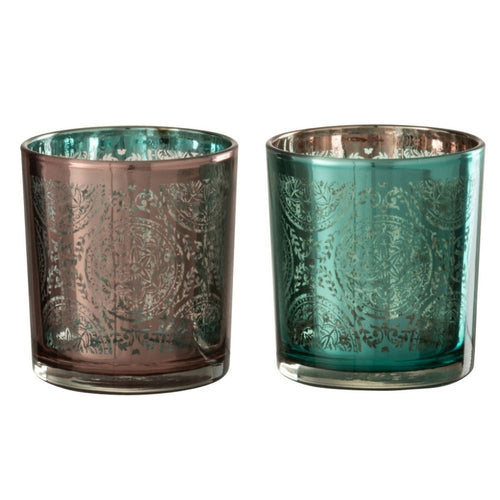 J-Line windlicht Oosters - glas - azuur/koper - small - 2 stuks