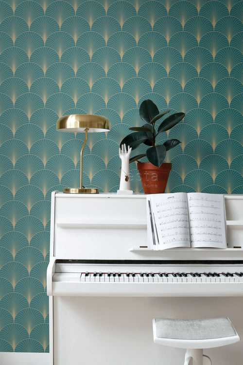 ESTAhome behang art deco motief petrolblauw en goud - 53 cm x 10.05 m - 139230