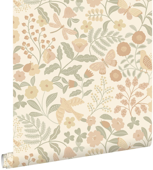 ESTAhome behang bloemen en vogels beige, groen en zacht roze - 53 cm x 10.05 m - 139867