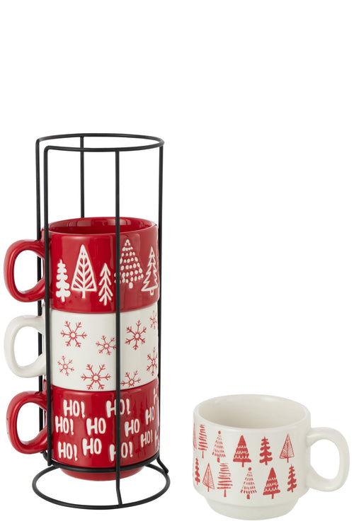 J-Line kopje Kerstmis Dolomiet - keramiek - rood/wit - doos van 4