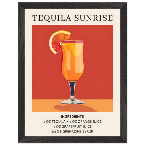 Artfulprints Poster met Lijst Tequila Sunrise cocktail - Ingrediënten   - 30x40 cm - Oranje