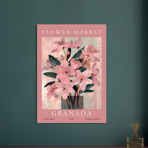 Artfulprints Poster met Lijst Flower market - Granada   - A4 21x29.7 cm - Roze