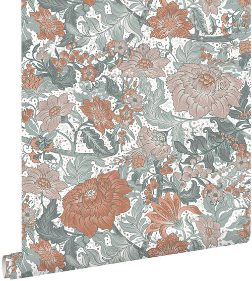 ESTAhome behang vintage bloemen blauwgroen en terracotta - 50 x 900 cm - 131193 - vtwonen shop
