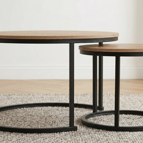 Calicosy - LENNY Set van 2 ronde salontafels - Eiken - 70x70x45,5 cm