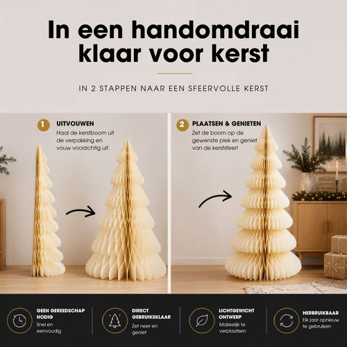 Mica Decorations Papieren Kerstboom - Opvouwbare Kunstkerstboom - H160  x Ø75cm - Kerst Decoratie - FSC Mix - Off-White/Goud