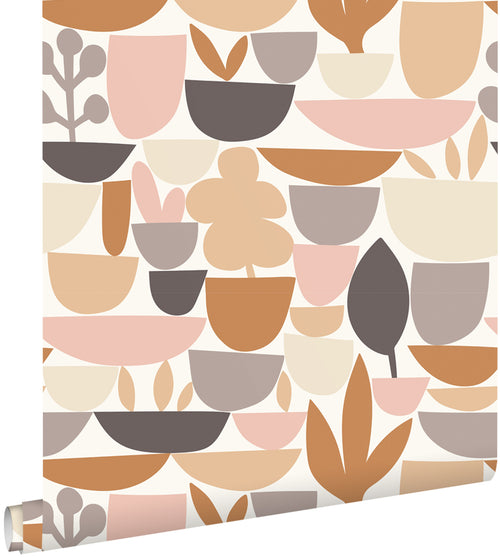 ESTAhome behang aardewerk en planten bruin en roze - 50 x 900 cm - 131074 - vtwonen shop