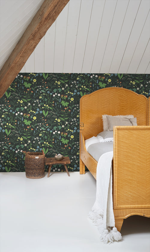 ESTAhome behang veldbloemen multicolor op zwart - 53 cm x 10.05 m - 139392