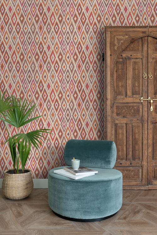 ESTAhome behang ruiten oranje, beige en paars - 50 x 900 cm - 131691