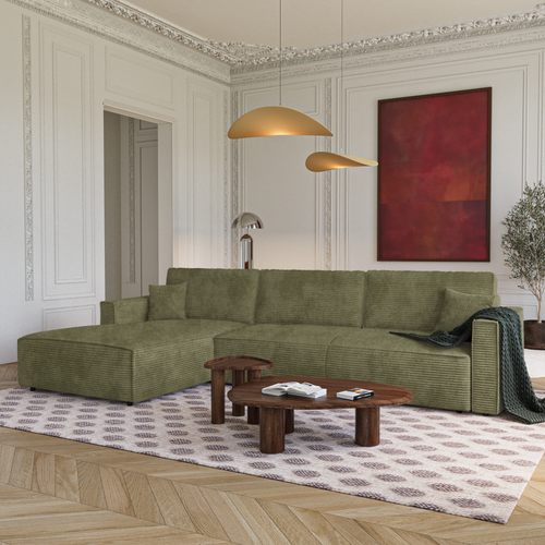 Premium Interiors - Linkshoekbank met slaapfunctie en opbergruimte  - corduroy olijfgroen 297cm