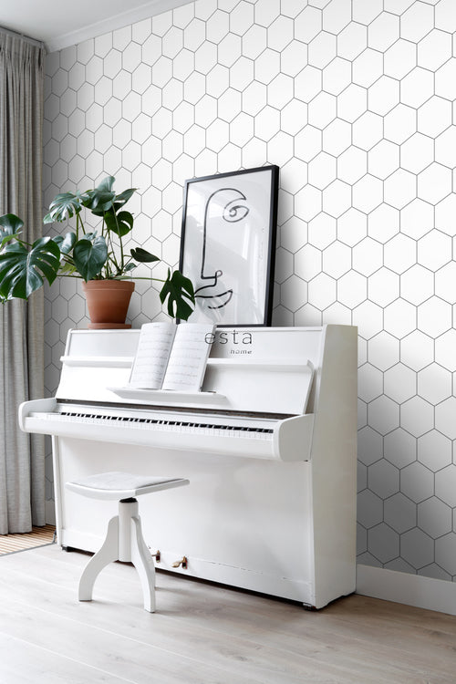 ESTAhome behang hexagon zwart wit - 53 cm x 10.05 m - 139311