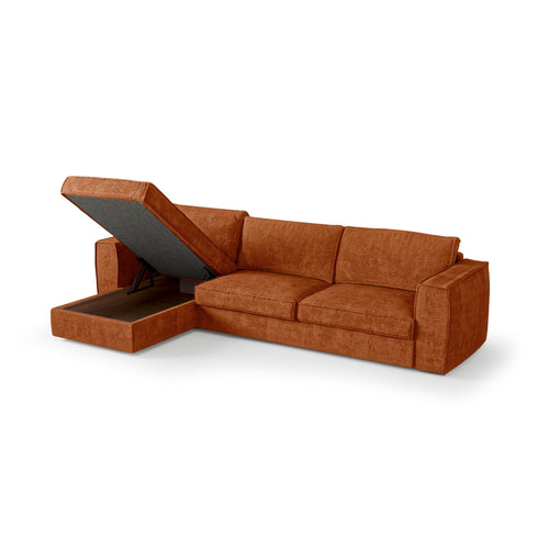 Premium Interiors - Linkshoekbank met slaapfunctie MIKA - zacht aanvoelende geweven stof terracotta 292cm