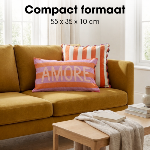 Mica Decorations Amore Sierkussen - Kussen met Kussenhoes - Woondecoratie Woonkamer - 55 x 35 x 10 cm - Katoen, Linnen, Polyester - Oranje, Paars,