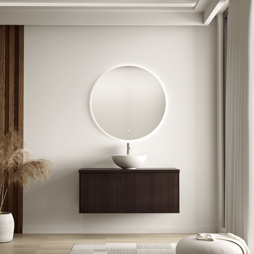 LOMAZOO badkamermeubel Messina - geribbeld - zwevend - opbouw - witte waskom - walnoot - 100 cm
