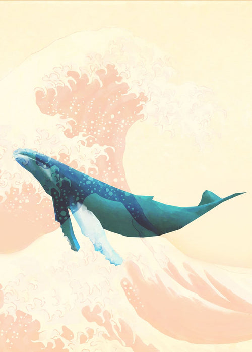 Sanders & Sanders fotobehang walvis blauw, crème beige en zacht roze - 200 x 280 cm - 612130