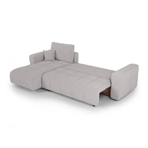 Premium Interiors - Linkshoekbank met slaapfunctie en opbergruimte VIBE - bouclé-stof lichtgrijs 286cm