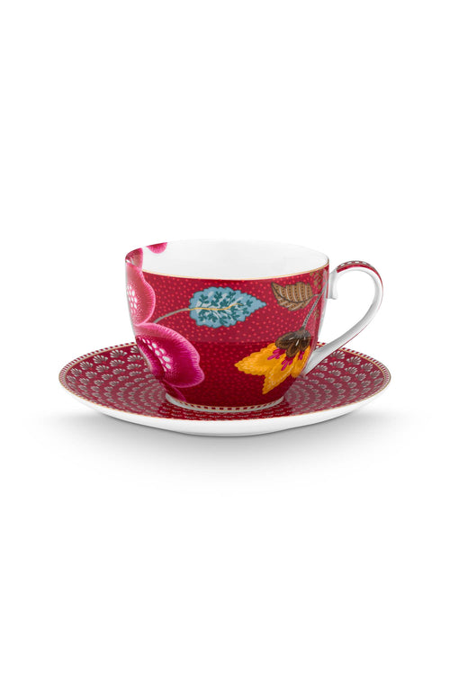 Pip Studio - Blooming Tales Fantasy Dark Red - Kop en Schotel - Koffiekopje - 300ml