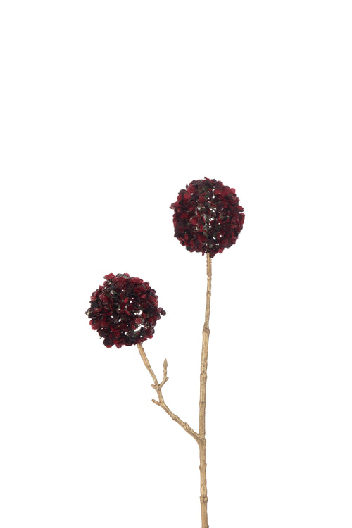 J-Line decoratie tak 2 Bloemen Pompons - kunststof - rood/goud - small - 12 st.