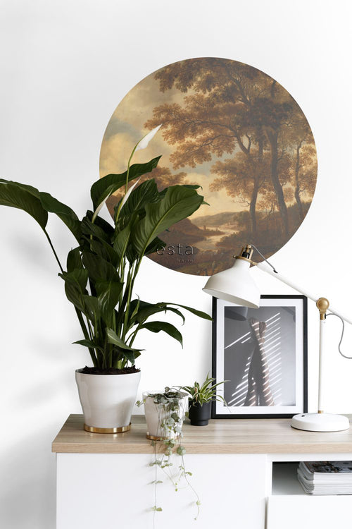 ESTAhome zelfklevende behangcirkel bosrijk landschap oranje - Ø 70 cm - 158988
