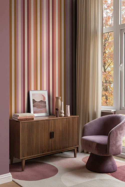 ESTAhome behang strepen roze, bruin, paars en bordeaux rood - 50 x 900 cm - 132040