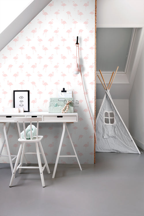 ESTAhome behang flamingo's licht roze en wit - 53 cm x 10.05 m - 138918
