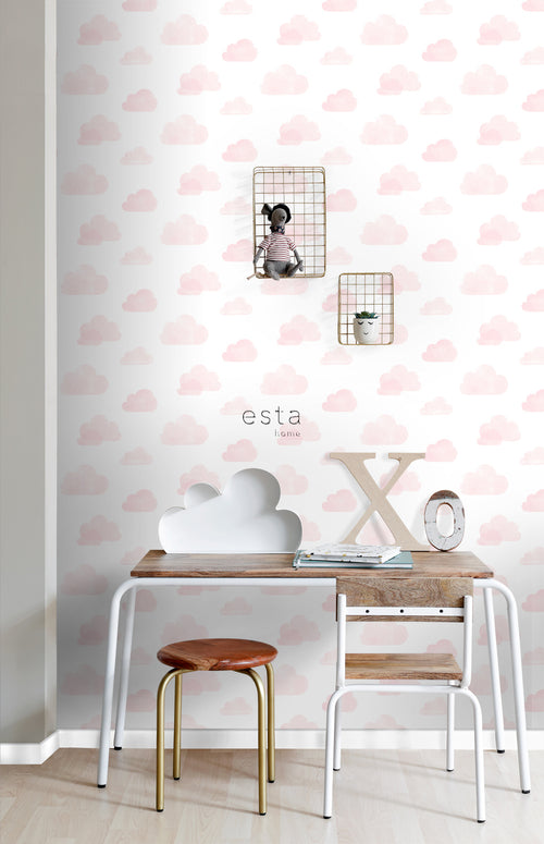 ESTAhome behang gestempelde wolkjes licht roze en wit - 53 cm x 10.05 m - 138929