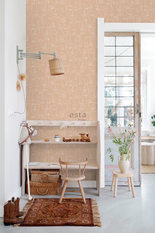 ESTAhome behang line art gezichten perzik roze en wit - 53 cm x 10.05 m - 139214