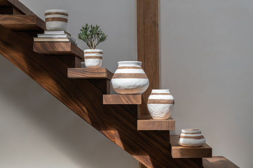 J-Line bloempot Kenia - keramiek - wit/bruin - medium - Ø 18 cm