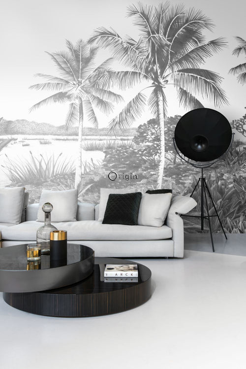 Origin Wallcoverings fotobehang landschap met palmen zwart wit - 418.5 x 279 cm - 357224 - vtwonen shop