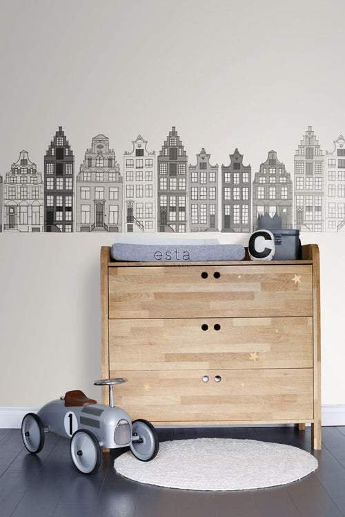 ESTAhome XXL behangrand Amsterdamse huizen grijs - 430 x 50 cm - 157714 - vtwonen shop