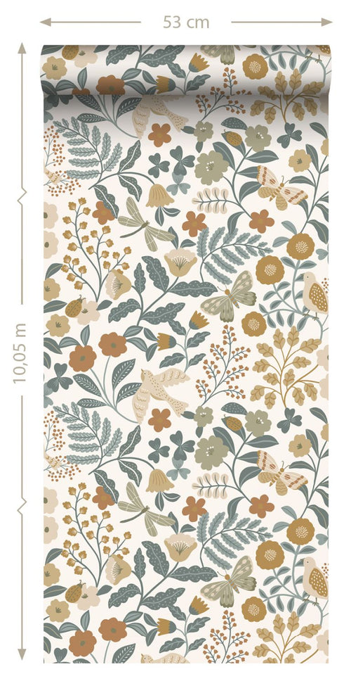 ESTAhome behang bloemen en vogels grijsblauw, olijfgroen en okergeel - 53 cm x 10.05 m - 139865