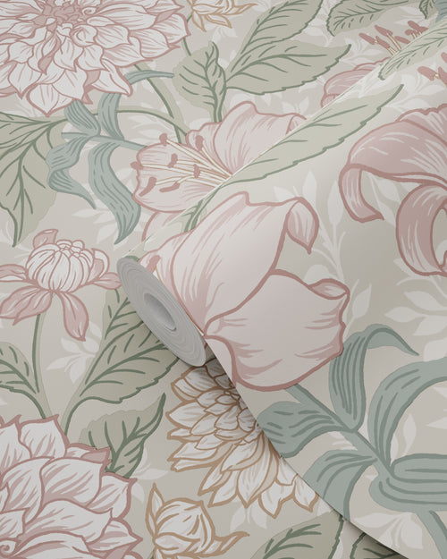 ESTAhome behang vintage bloemen oudroze en vergrijsd groen - 53 cm x 10.05 m - 139377