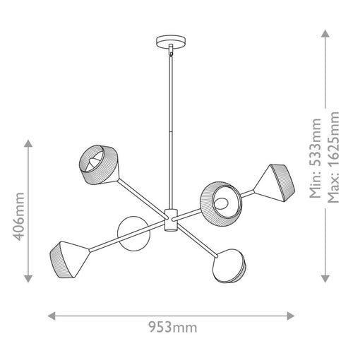 Mehrarmige Pendel-Deckenleuchte Modern Mattschwarz, Natur 6x E14