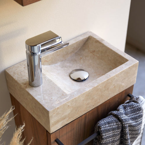 Tikamoon Wastafelmeubel van massief notenhout en crèmekleurig marmer - Beige - vtwonen shop