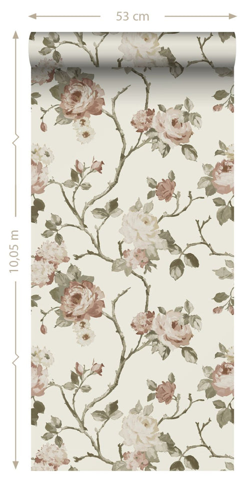 ESTAhome behang vintage bloemen gebroken wit en oudroze - 53 cm x 10.05 m - 139406