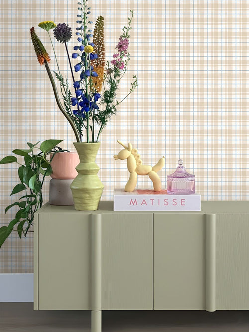 ESTAhome behang ruitjes beige en blauw - 50 x 900 cm - 131947