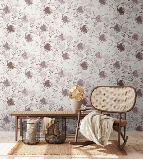 Livingwalls behang bloemmotief wit, lila paars, roze en crème - 53 cm x 10.05 m - AS-389001