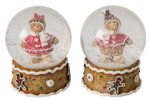 J-Line Sneeuwbol met peperkoekfiguur - polyresin - beige/kerstrood - assortiment van 2