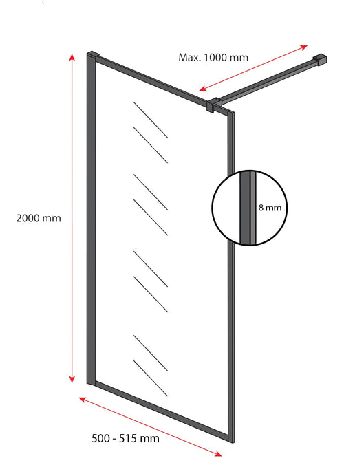 Badplaats Douchewand Georgia 50 x 200 cm – Zwart – Inloopdouche 8 mm Veiligheidsglas